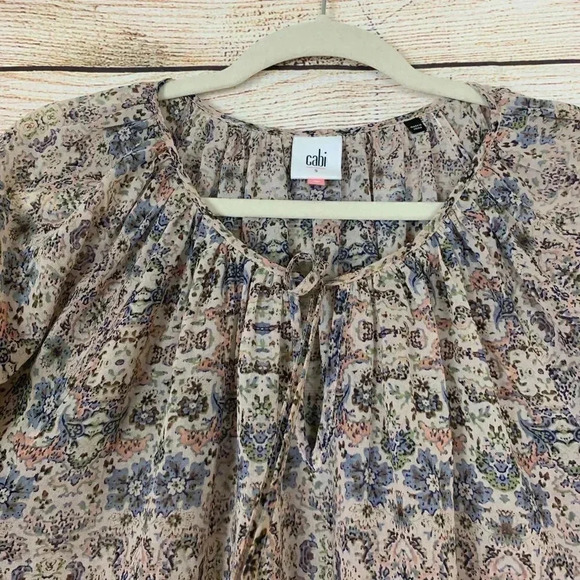 CAbi Sienna Peasant Blouse Floral Sheer Tie Neck - Picture 4 of 11